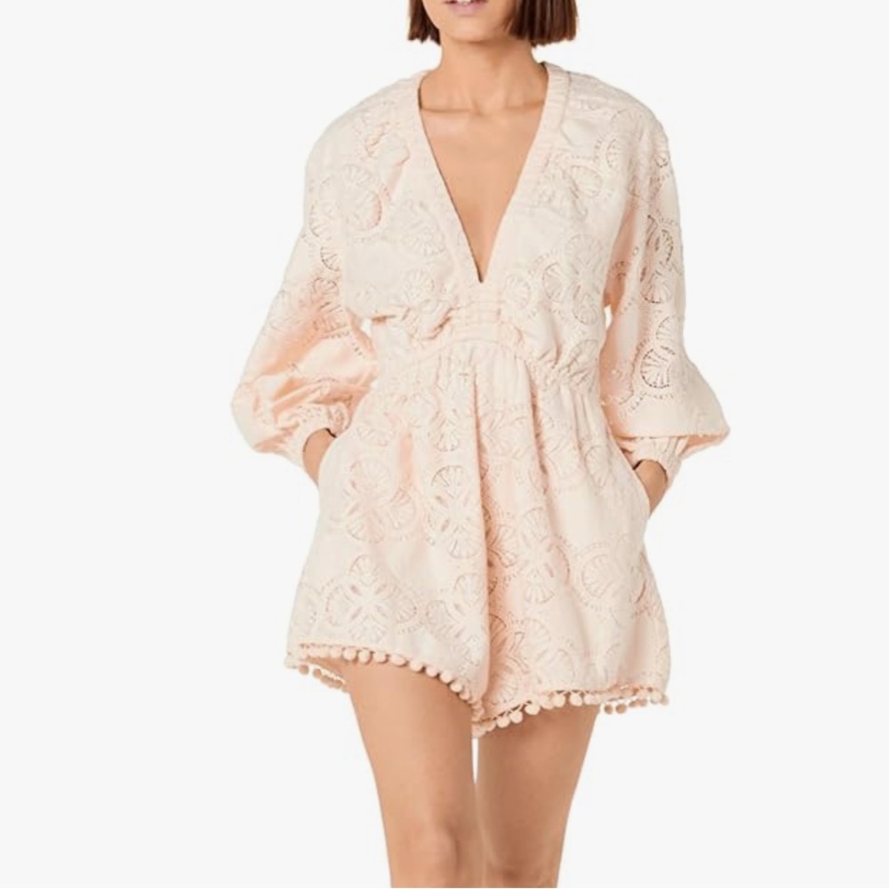 The Drop Women's Long Sleeve Crochet Lace Deep V-Neck Short Romper